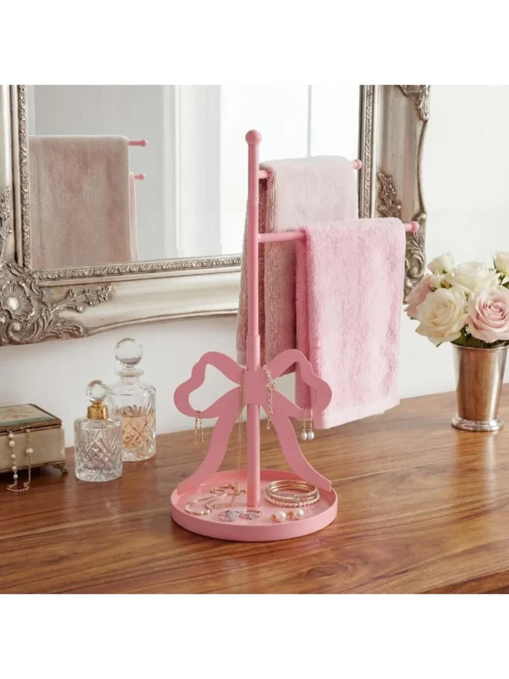 Cute Pink Bow Towel Holder - F-Shape Hand Towel Stand with Swivel Arms for